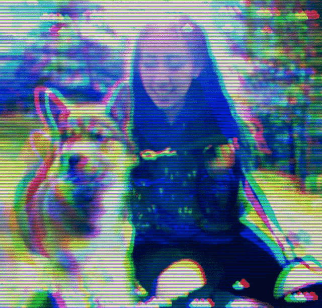a blurry picture of a girl and a dog with a rainbow colored background