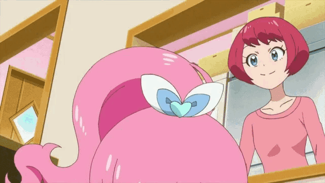a cartoon girl with pink hair is looking at herself in a mirror