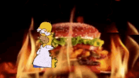 a cartoon of homer simpson standing next to a hamburger with flames behind it