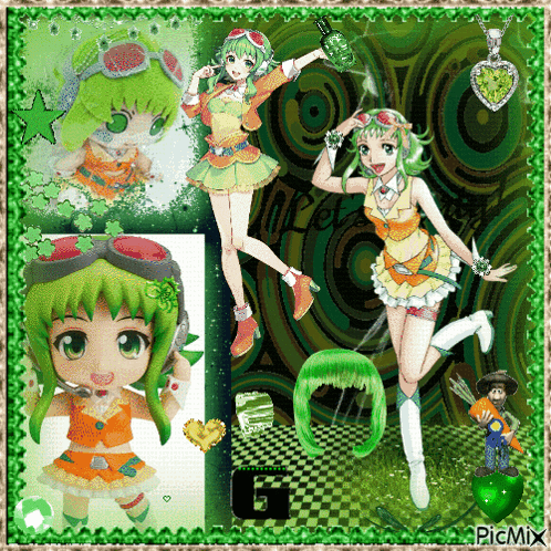 a picture of a girl with green hair and a necklace with a heart on it