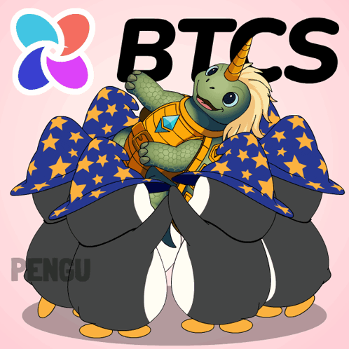 a turtle with a unicorn horn is surrounded by penguins wearing wizard hats and the word btcs