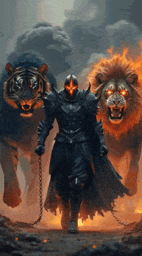a man in armor is chained to a lion with red eyes