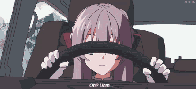 a girl with purple hair is driving a car with her eyes closed and says oh uhm