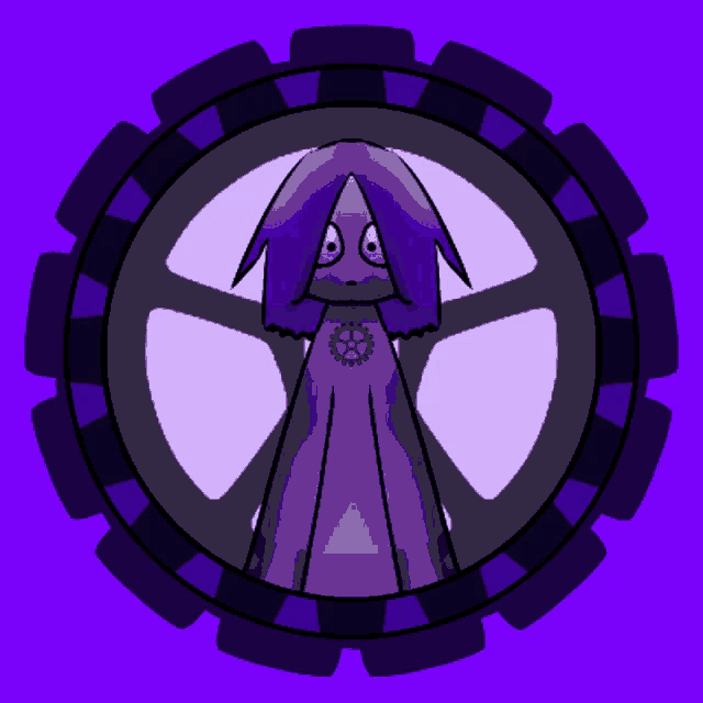 a cartoon character with purple hair is in a purple circle