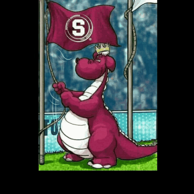 a cartoon of a dragon holding a flag that has the letter s on it