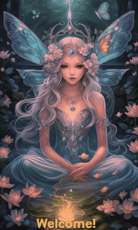 a painting of a fairy with the words welcome on the bottom right