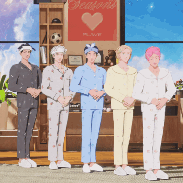 five men in pajamas are standing in front of a sign that says plave