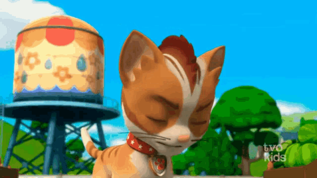 a cartoon cat is standing in front of a water tower with two kids written on the bottom right