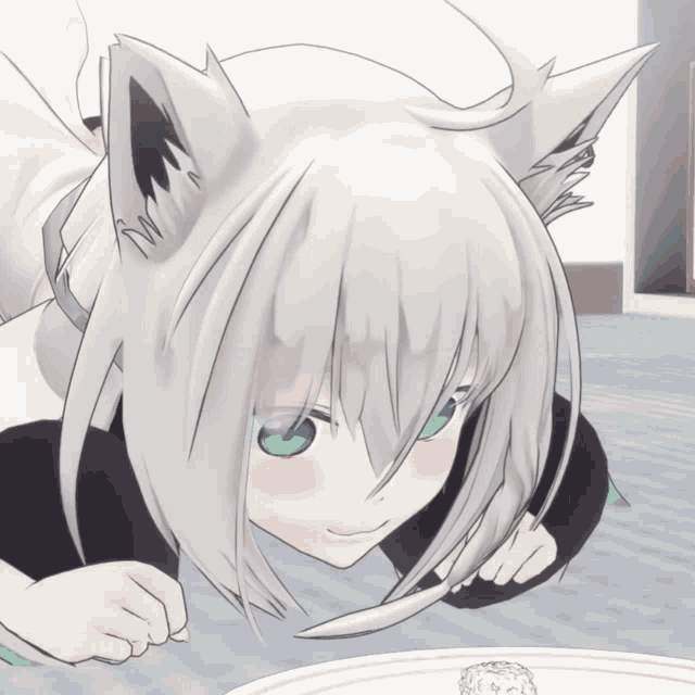 a white anime character with green eyes is looking at a plate of food