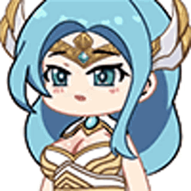 a cartoon girl with blue hair and horns is wearing a white and gold dress and a necklace .