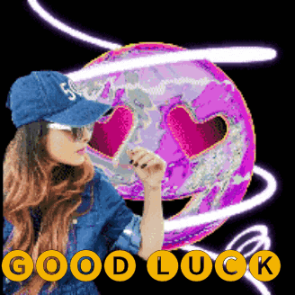 a woman wearing a blue hat and sunglasses stands in front of a pink smiley face and the words good luck