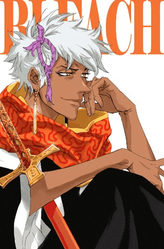 a drawing of a man with a sword and the word bleach on the background