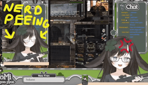 a girl holding a gun in front of a screen that says " chat "