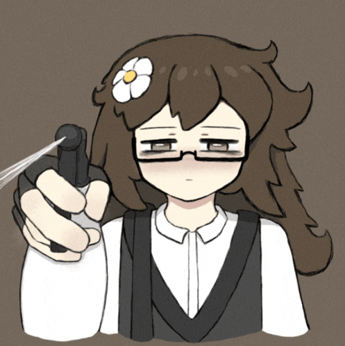 a drawing of a girl with glasses holding a spray bottle