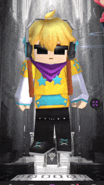 a cartoon character wearing headphones and a yellow shirt with stars on it
