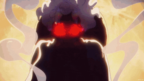 a close up of a cartoon character with red eyes