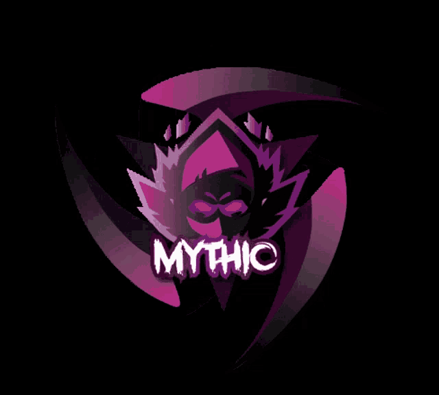 a logo for mythic with a purple swirl around it