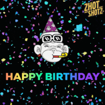 a birthday greeting with a monkey wearing glasses and a party hat