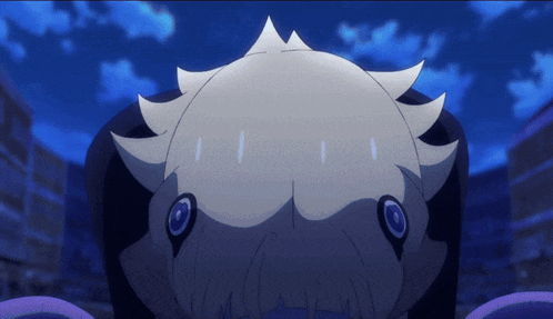 a close up of a cartoon character 's face with a blue sky in the background