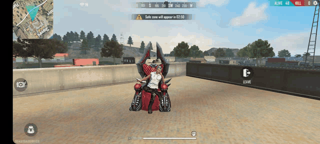 a man is sitting on a throne in a video game and the safe zone will appear in 02:00