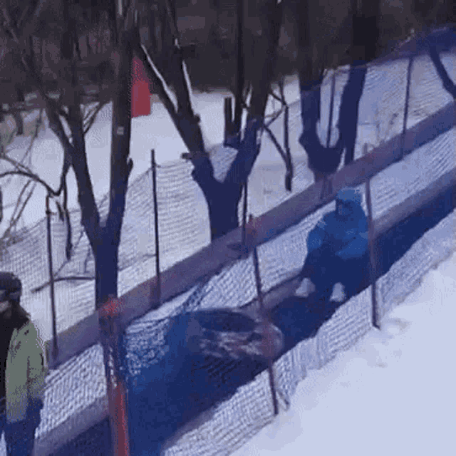 a person is riding a sled down a snow covered slope