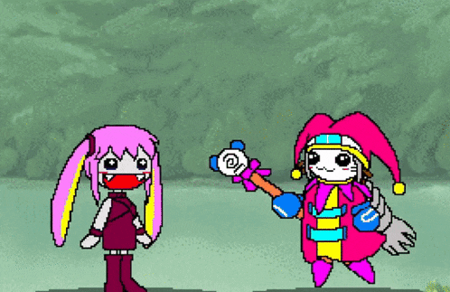 a pixel art drawing of a rabbit and a jester
