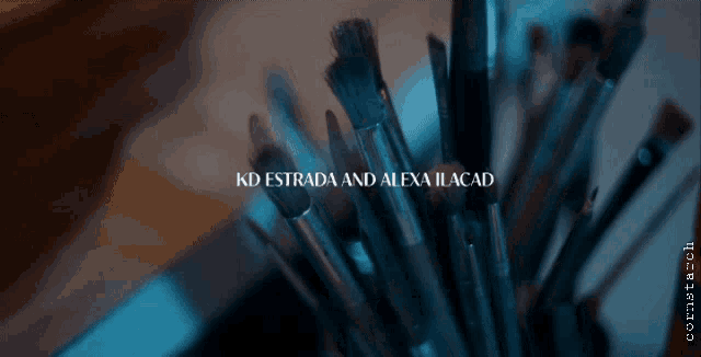 a bunch of paint brushes with the words kd estrada and alexa ilacad written on the bottom