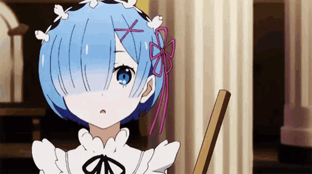 rem from re zero starting life in another world is holding a broom .