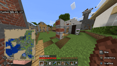 a screenshot of a minecraft game shows a map and a brick building