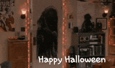 a man in a suit holds a gun next to a woman in a red dress and a sign that says happy halloween
