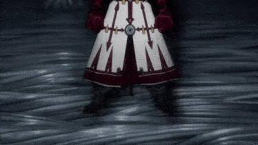 a person wearing a red and white outfit with arrows on the pants