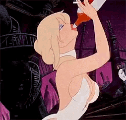 a woman in a white dress is drinking from a bottle in a cartoon .