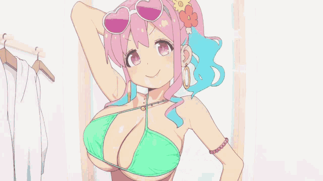 a girl with pink hair is wearing sunglasses and a green bikini