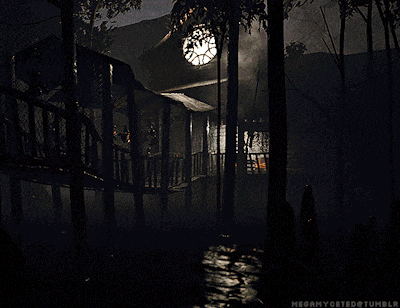a picture of a house in the woods with a clock on the roof