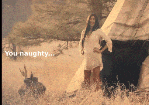 a woman in a white dress stands in front of a teepee with the words you naughty