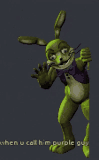 a green rabbit with a purple vest and bow tie is standing next to a purple guy
