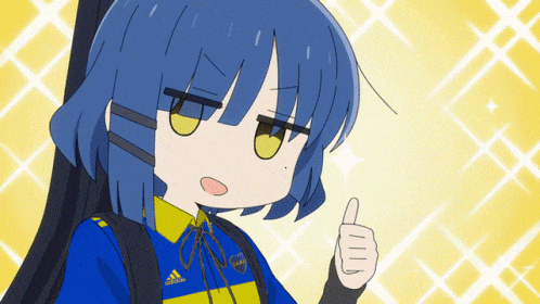 a girl with blue hair is wearing a blue and yellow adidas shirt
