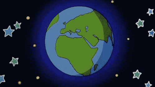 a group of cartoon characters are standing around a globe with the letter p on it