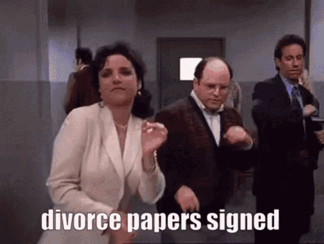 a group of people are dancing in a hallway with the words divorce papers signed above them