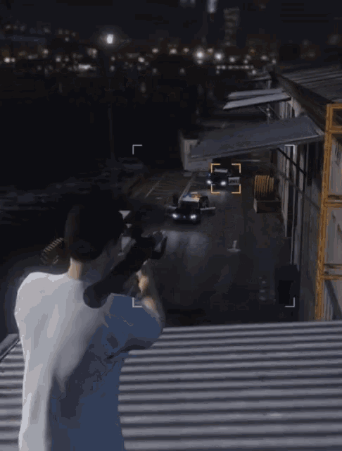a man holding a gun in a video game with a car in the background that says police on it