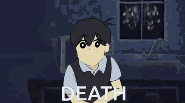 a cartoon of a person holding a knife with the word death written on it