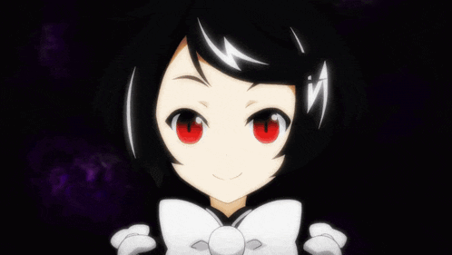 a black and white anime character with red eyes and a white hat