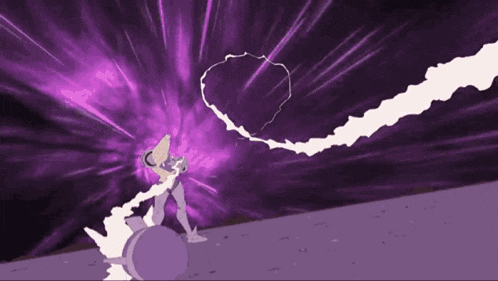 a cartoon character is standing in front of a purple background with a purple lightning bolt coming out of it .