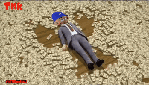 a man in a suit and blue hat is laying on a pile of money