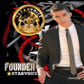 a man in a suit and tie stands in front of a logo for starvoice