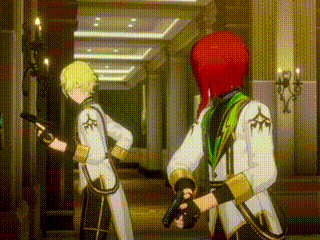 a couple of anime characters standing next to each other holding guns in a hallway .