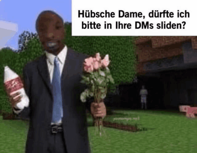 a man in a suit and tie is holding a bouquet of flowers and a bottle of soda .