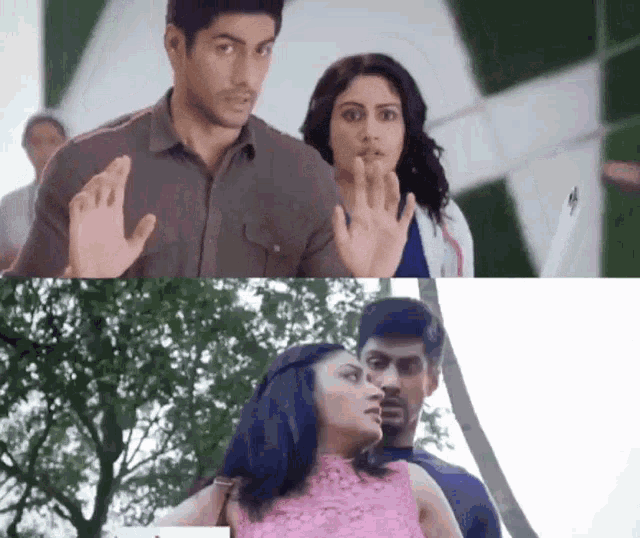 a man and a woman are standing next to each other and the woman is wearing a pink top .