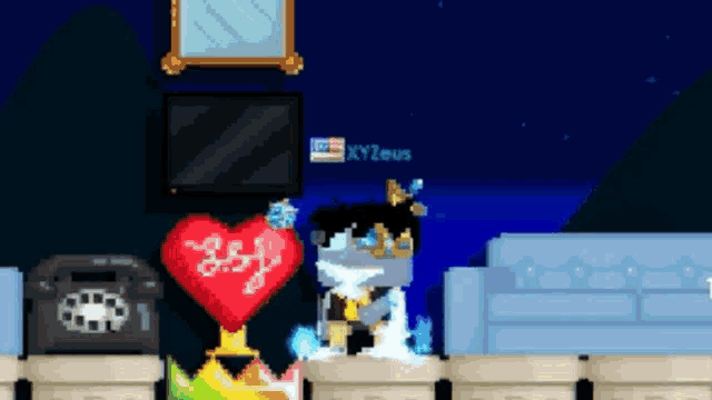 a pixel art scene with the name xyzeus on the bottom