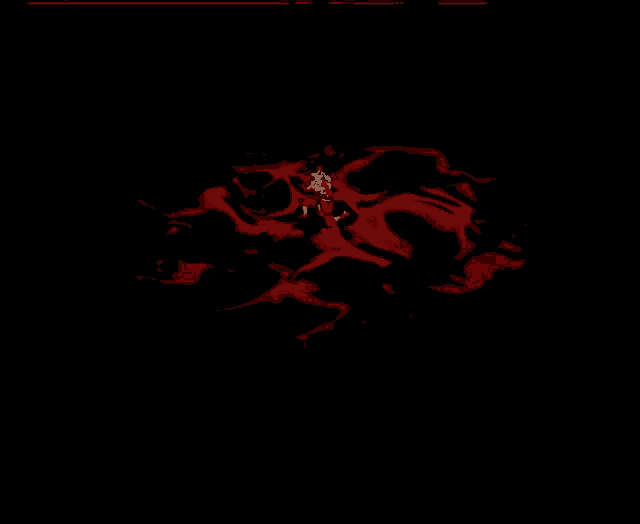 a black background with red swirls and a person in the center